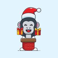 Cute gorilla with santa hat in the chimney. Cute christmas cartoon illustration. vector