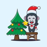 Cute gorilla taking star from christmas tree. Cute christmas cartoon illustration. vector