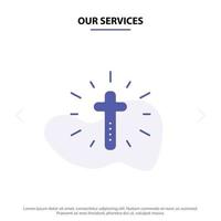 nuestros servicios celebración cruz cristiana pascua icono de glifo sólido plantilla de tarjeta web vector