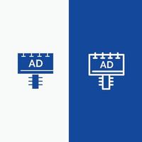 tablero de anuncios publicidad línea de letrero y glifo icono sólido línea de banner azul y glifo icono sólido azul vector