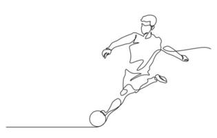 one line drawing of man shooting football vector illustration