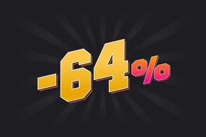 Negative 64 discount banner with dark background and yellow text. -64 percent sales promotional design. vector