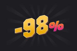 Negative 98 discount banner with dark background and yellow text. -98 percent sales promotional design. vector