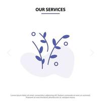 nuestros servicios hoja naturaleza planta primavera sólido glifo icono plantilla de tarjeta web vector