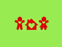 Red felt small house, silhouette of men and women with heart-shaped holes cut out in all of them on light green background. Isolated, space for text. Gingerbread family and their dream home. photo