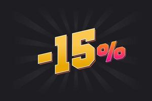 Negative 15 discount banner with dark background and yellow text. -15 percent sales promotional design. vector