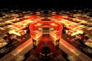 Digital interior building Hi tech Abstract data center server tonel. Business technology blurred Polygonal geometric digital cyberpunk space, color light. 3D render photo