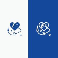 corazón de costura corazón roto línea de corazón y glifo icono sólido línea de banner azul y glifo icono sólido blu vector