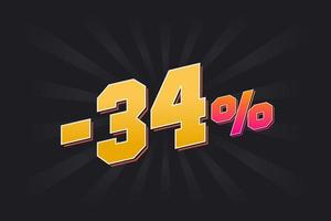 Negative 34 discount banner with dark background and yellow text. -34 percent sales promotional design. vector