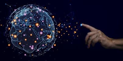 Connection technologies background, Human finger touching on global network linking technology. photo