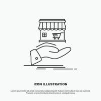 tienda. donar. compras. en línea. icono de la mano símbolo gris vectorial de línea para ui y ux. sitio web o aplicación móvil vector