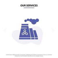 Our Services Factory Pollution Production Smoke Solid Glyph Icon Web card Template vector