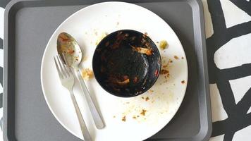 Empty plate and bowl on tray after meal video