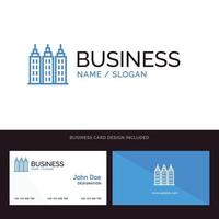 logotipo de empresa azul de la torre de construcción de edificios y diseño frontal y posterior de la plantilla de tarjeta de visita vector