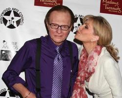 LOS ANGELES, MAR 25 - Larry King Wax figure Purple shirt , Shawn Southwick King arriving at the Charlie Awards at Hollywood Roosevelt Hotel on March 25, 2011 in Los Angeles, CA photo