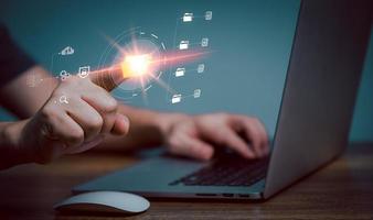 IT staff working with Document Management System, DMS, online documentation database and process automation to efficiently manage files, Corporate business technology. photo