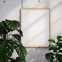 Blank frame on concrete wall near green plants. 3d render photo