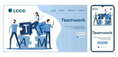 Teamwork.Joint work, brainstorming.Template for the user interface of the site's home page.Landing page template.The adaptive design of the smartphone.vector illustration. vector