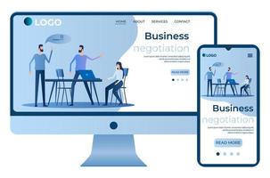 Business negotiation.Planning and solving tasks.People at the Desk .Site template, landing page concept.The adaptive design.The screen of the smartphone and the computer.Vector illustration. vector