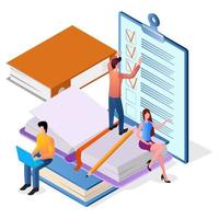 Isometric image of the people engaged in clerical work.Time-management.Teamwork and control of the business process.People, folders, and papers.The concept of corporate communication. vector