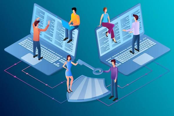 Isometric image of a secure Internet connection.Data security, protection from viruses and spies.People shield and laptops.The concept of protection and safety.
