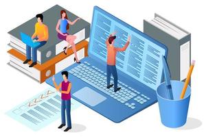 Isometric image of office work.A metaphor for teamwork.People do paperwork.A symbol of team, partnership, and collaboration.People laptop and office supplies. vector