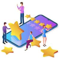 Isometric image of the customer service process.Assessment of the business activity rating.Formula feedback from customers.Evaluation of the app's performance by people, smartphone and stars rating. vector