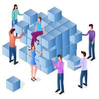 People work together.The concept of teamwork.Shared goal achievement.People build from small blocks.Isometric vector illustration.