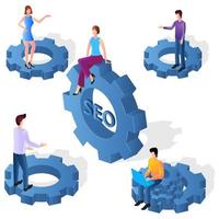 Business monitoring and SEO promotion.Links of gears as a symbol of work.People are engaged in business promotion.Strategic analysis and business communication.Isometric vector image.