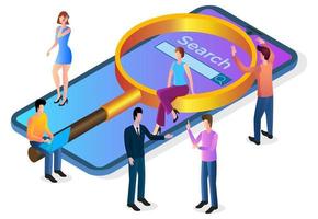 3D illustration of a magnifying glass and smartphone.People are testing a smartphone search engine.Smartphone software search on the browser.Joint development of the application.Isometric vector