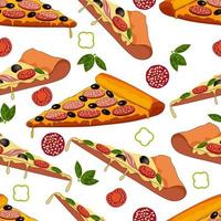 patrón sin costuras de deliciosas rebanadas de pizza dibujadas a mano. rebanadas de pizza e ingredientes aislados en un fondo blanco. puede usarlo para empaquetar papel y para elementos de diseño. ilustración vectorial. vector