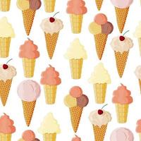 Seamless pattern with different types of cream and fruit ice cream.Ice cream in waffle cups.Can be used for packaging paper and for various designs.Vector illustration. vector