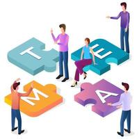 Team.Teamwork and brainstorming.People from puzzles put together the word team.The concept of working together and solving problems together.Isometric vector illustration.