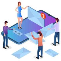 Sending mail online.People use the mobile app.E-mail marketing.People use their smartphones to send messages.Isometric vector image.