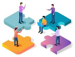 Teamwork.People and puzzles.The concept of collaboration, partnership and search for solutions.Isometric vector image.