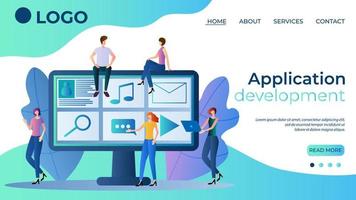 Application development.People engaged in the development and testing of mobile applications.Interface design.The template of the landing page.Flat vector illustration.