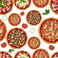 Seamless pattern of delicious hand-drawn pizzas. Pizzas and ingredients isolated on a white background.You can use it for packaging paper and for design elements.Vector illustration. vector