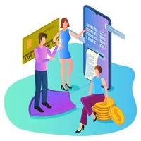 Isometric image of secure online payments.Data and password protection.Secure money transfer.People credit card and smartphone.The concept of safety and reliability. vector