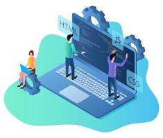 Isometric illustration of the people engaged in the creation of the website.Programming, programming languages.Teamwork and joint problem solving. vector