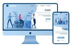 Cash investments.Financial control.People and money.Financial turnover.Site template, landing page concept.The adaptive design.The screen of the smartphone and the computer.Vector illustration. vector