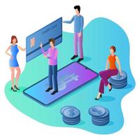 Isometric image of online payments.Bank transfer of funds.Electronic account, financial data protection.People and a smartphone with a credit card.The concept of mobile payments. vector