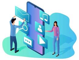 Isometric illustration of people using a mobile phone.Mobile application.The concept of social networks.User interface.