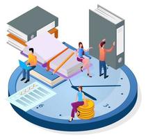 Isometric image of the people and the planning process.Time-management.Teamwork and brainstorming.People, folders, and papers.The concept of corporate communication. vector