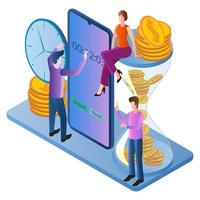 Isometric image of time control and clock reconciliation.Time management, workflow control.Teamwork and joint planning.People watch and money smartphone.Time is money. vector