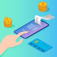 imagen isométrica del pago en línea usando un teléfono inteligente. concepto de transferencia de dinero y billetera móvil. banca en línea y compras en línea. vector