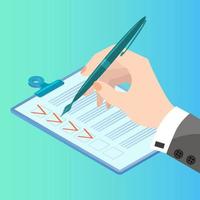 Hand writing in a notebook with a fountain pen.The businessman makes notes in the document.Isometric image of the workflow.Vector illustration. vector