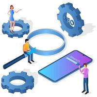 SEO promotion .Configuring search engines and developing a search algorithm.Development of an application for using SEO.An isometric image of people with a magnifying glass and a smartphone. vector