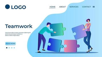 Teamwork.Collaboration and the symbol of teamwork.People connect the pieces of the puzzle.Concept of business, partnership and collaboration.The template of the landing page.Flat vector illustration.