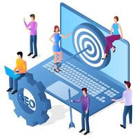 People are engaged in SEO promotion.People are engaged in business promotion.Concept of business mechanism and goal selection.The analysis of strategies and teamwork.Isometric vector illustration.