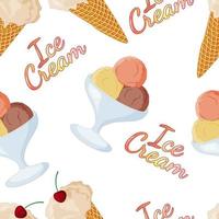 Seamless pattern with different types of ice cream.Ice cream in waffle cups.Can be used for packaging paper and for various designs.Vector illustration. vector